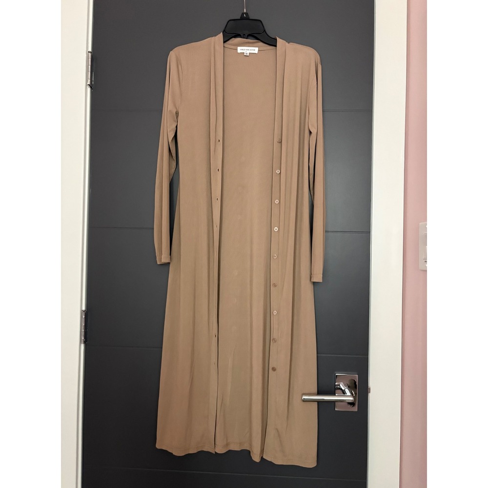 Virgo and Aster Women Tan Ribbed Longline Duster Cardigan Button Front Small